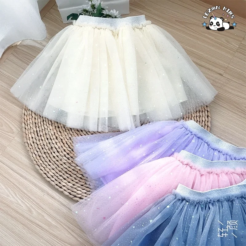 LEZONKIDS - OEM Customizable Girls' Spring Summer Three-Layer Tutu Dress Breathable Chiffon Mesh Star Skirt Parties Dance Little Girl Dress